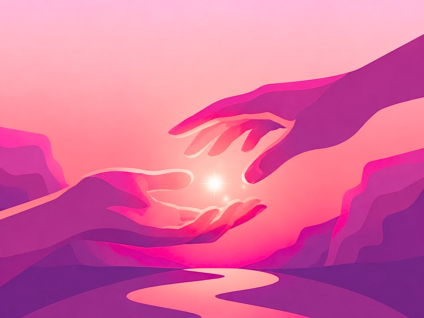 Two hands reaching toward each other, a point of light kindling between them.