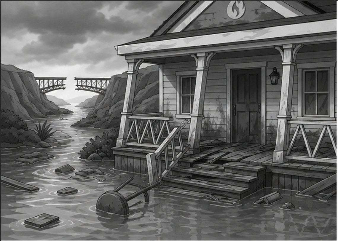 A porch half-submerged in floodwater, a wheelbarrow tipped on its side,
                  a broken bridge in the distance.
